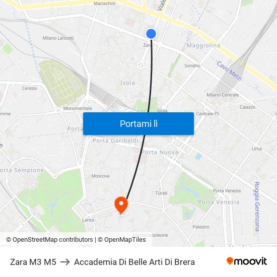 Zara M3 M5 to Accademia Di Belle Arti Di Brera map