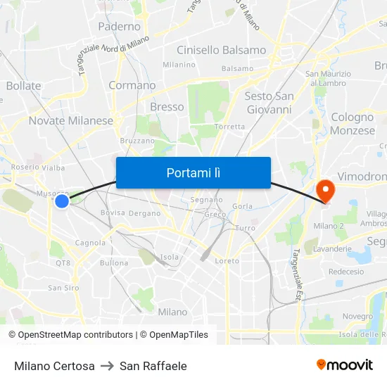 Milano Certosa to San Raffaele map