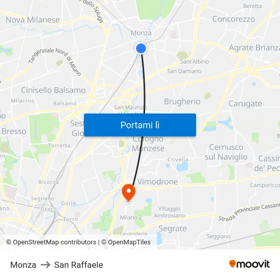 Monza to San Raffaele map