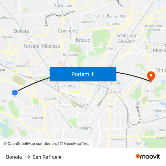 Bonola to San Raffaele map