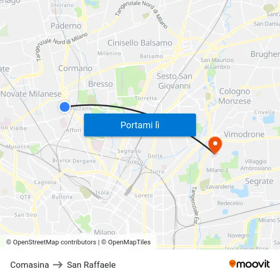 Comasina to San Raffaele map