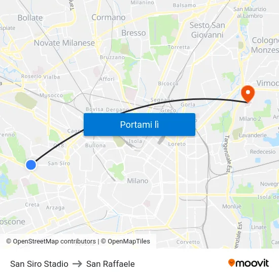 San Siro Stadio to San Raffaele map