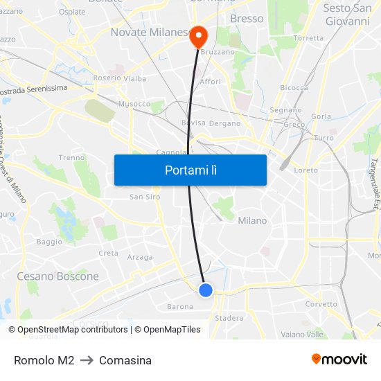 Romolo M2 to Comasina map