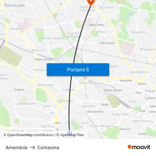Amendola to Comasina map