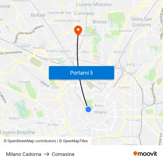 Milano Cadorna to Comasina map