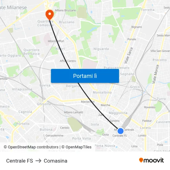 Centrale FS to Comasina map