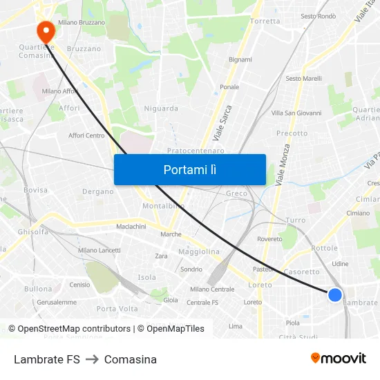 Lambrate FS to Comasina map