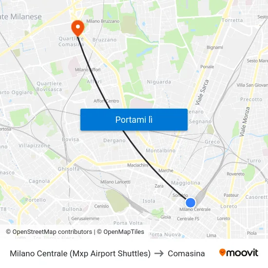 Milano Centrale (Mxp Airport Shuttles) to Comasina map