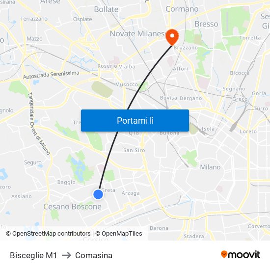 Bisceglie M1 to Comasina map