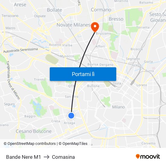 Bande Nere M1 to Comasina map