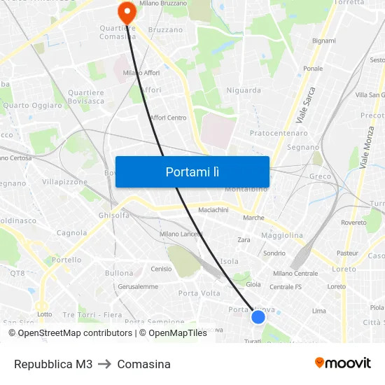 Repubblica M3 to Comasina map