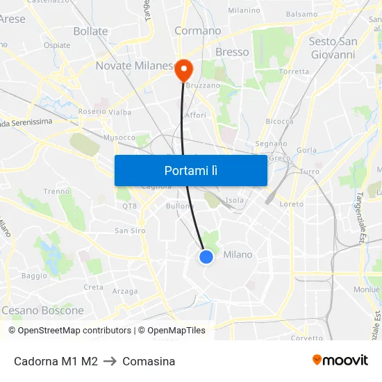 Cadorna M1 M2 to Comasina map