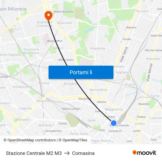 Stazione Centrale M2 M3 to Comasina map