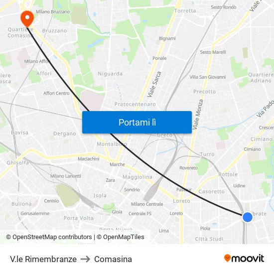 V.le Rimembranze to Comasina map