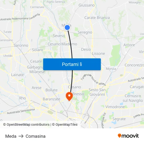 Meda to Comasina map