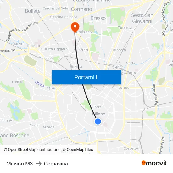 Missori M3 to Comasina map