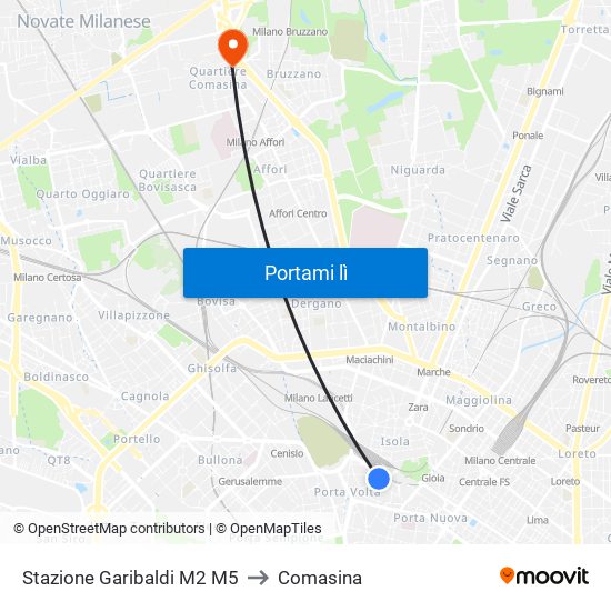 Stazione Garibaldi M2 M5 to Comasina map