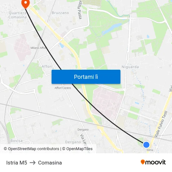 Istria M5 to Comasina map