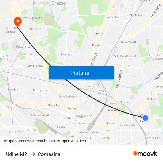 Udine M2 to Comasina map