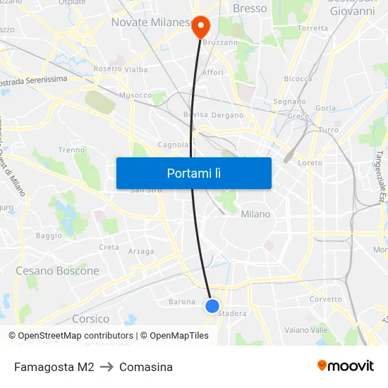 Famagosta M2 to Comasina map