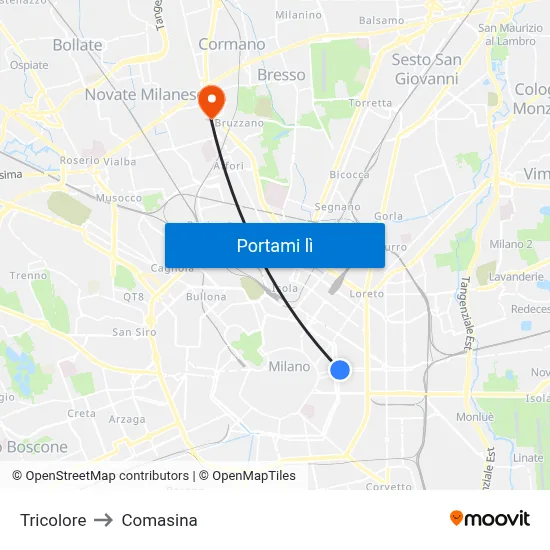 Tricolore to Comasina map