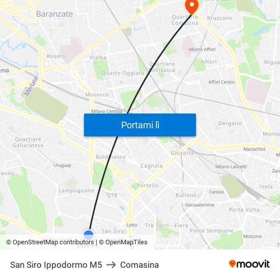 San Siro Ippodormo M5 to Comasina map