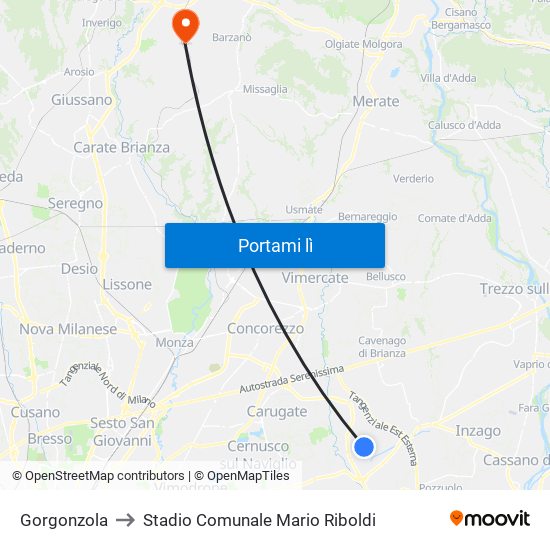 Gorgonzola to Stadio Comunale Mario Riboldi map