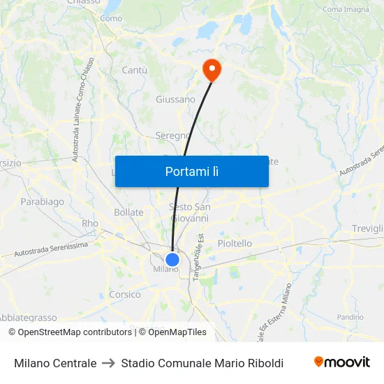 Milano Centrale to Stadio Comunale Mario Riboldi map
