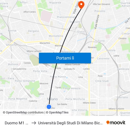 Duomo M1 M3 to Università Degli Studi Di Milano Bicocca map