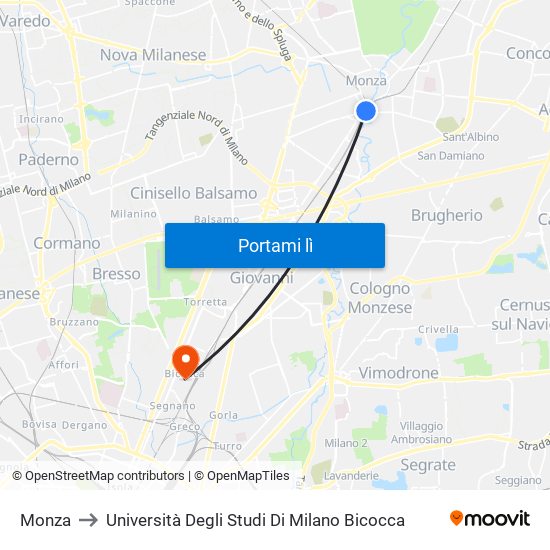 Monza to Università Degli Studi Di Milano Bicocca map