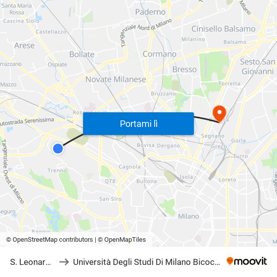 S. Leonardo to Università Degli Studi Di Milano Bicocca map