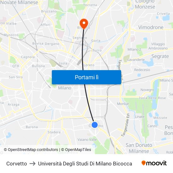 Corvetto to Università Degli Studi Di Milano Bicocca map