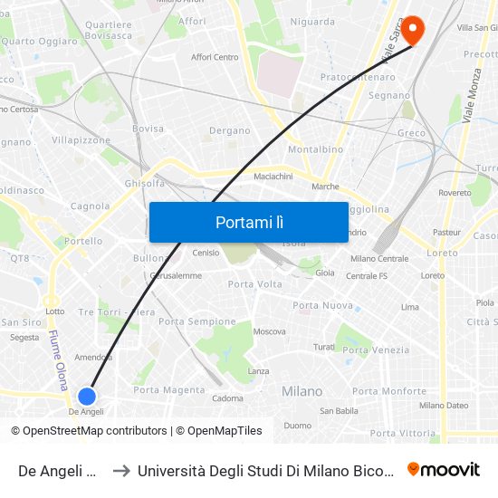 De Angeli M1 to Università Degli Studi Di Milano Bicocca map