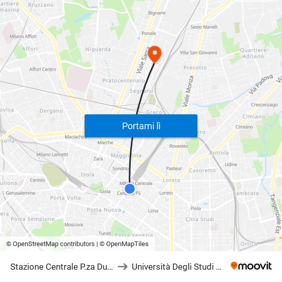 Stazione Centrale P.za Duca D'Aosta M2 M3 to Università Degli Studi Di Milano Bicocca map