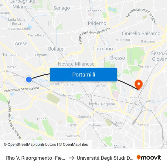 Rho V. Risorgimento -Fiera (Staz. FS - M1) to Università Degli Studi Di Milano Bicocca map