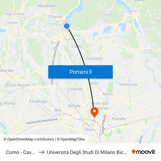 Como - Cavour to Università Degli Studi Di Milano Bicocca map