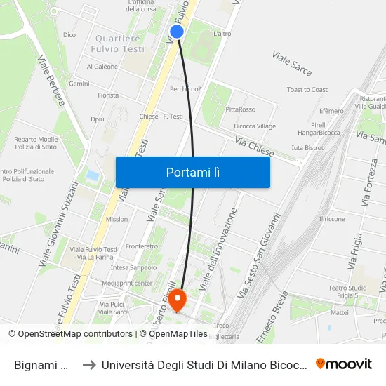 Bignami M5 to Università Degli Studi Di Milano Bicocca map