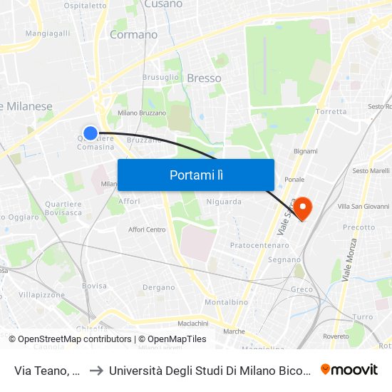 Via Teano, 21 to Università Degli Studi Di Milano Bicocca map