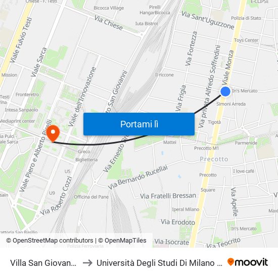 Villa San Giovanni M1 to Università Degli Studi Di Milano Bicocca map