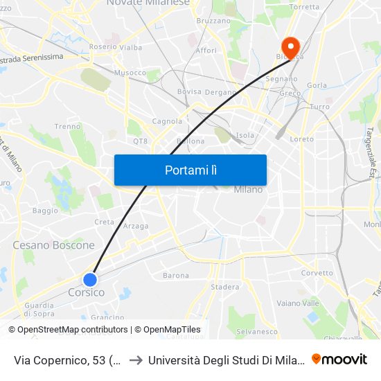 Via Copernico, 53 (Corsico) to Università Degli Studi Di Milano Bicocca map