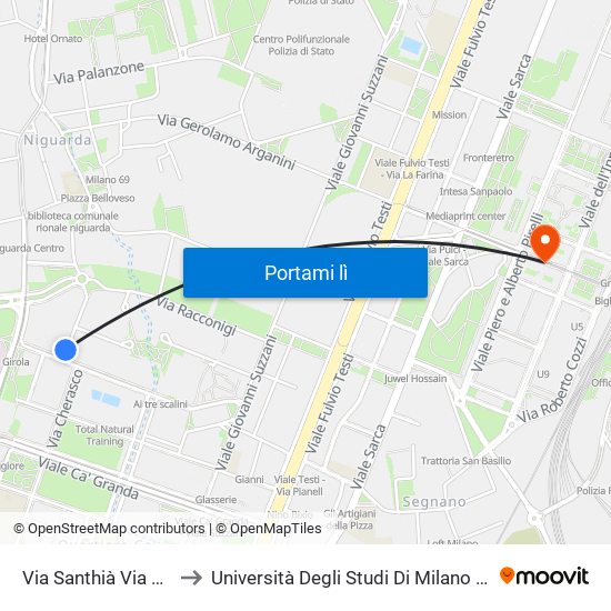 Via Santhià Via Girola to Università Degli Studi Di Milano Bicocca map