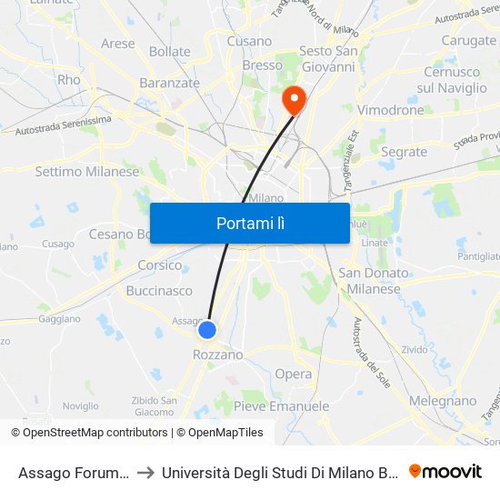 Assago Forum M2 to Università Degli Studi Di Milano Bicocca map