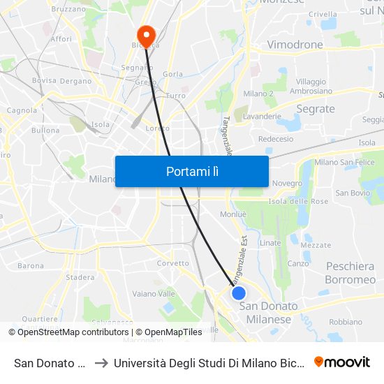 San Donato M3 to Università Degli Studi Di Milano Bicocca map