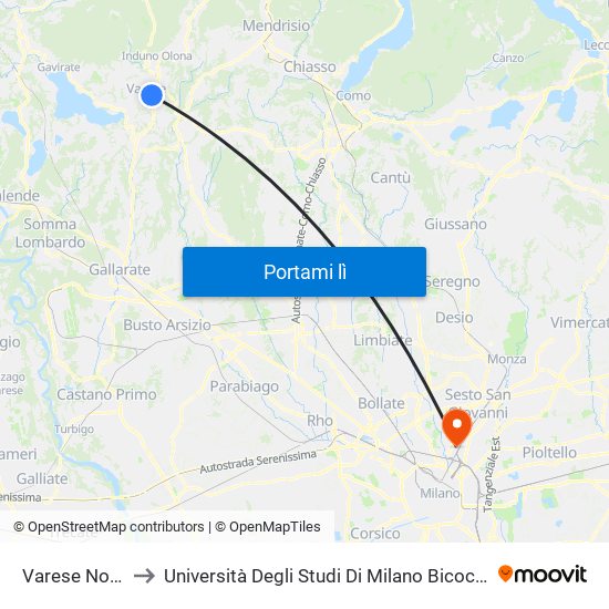 Varese Nord to Università Degli Studi Di Milano Bicocca map