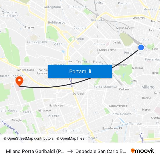 Milano Porta Garibaldi (Passante) to Ospedale San Carlo Borromeo map