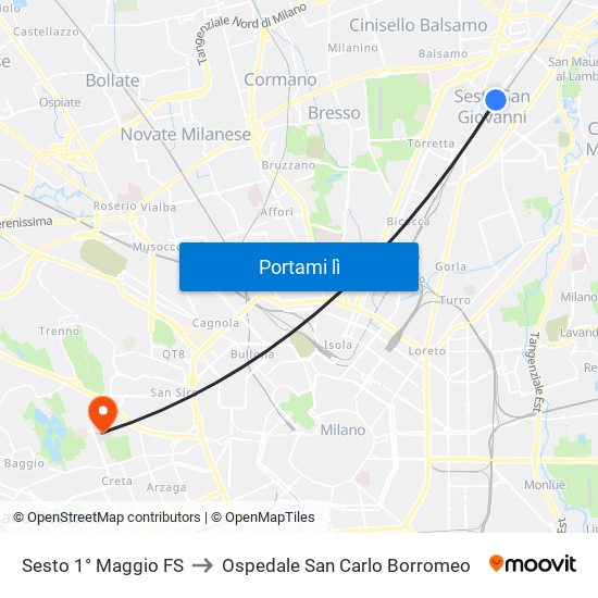 Sesto 1° Maggio FS to Ospedale San Carlo Borromeo map