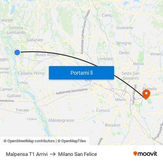 Malpensa T1 Arrivi to Milano San Felice map