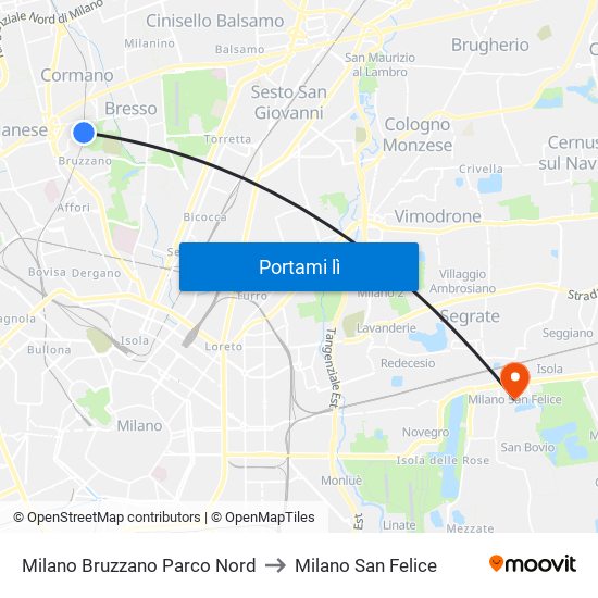 Milano Bruzzano Parco Nord to Milano San Felice map