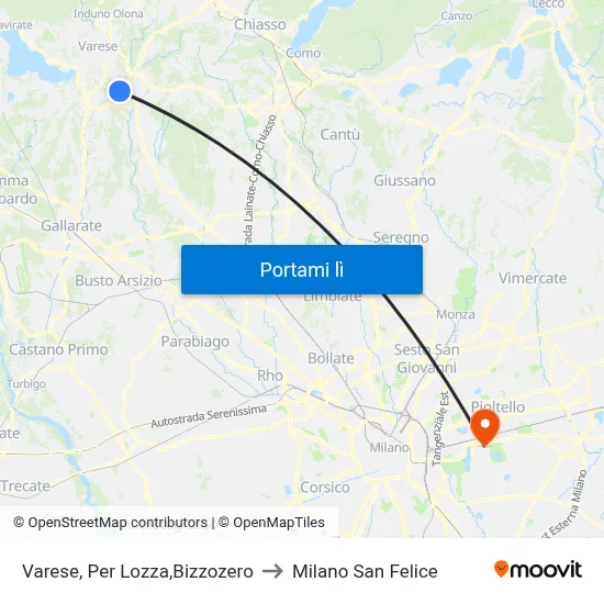 Varese, Per Lozza,Bizzozero to Milano San Felice map