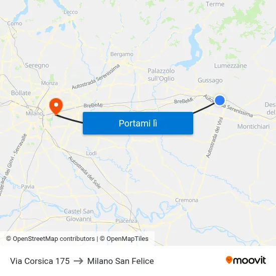 Via Corsica 175 to Milano San Felice map
